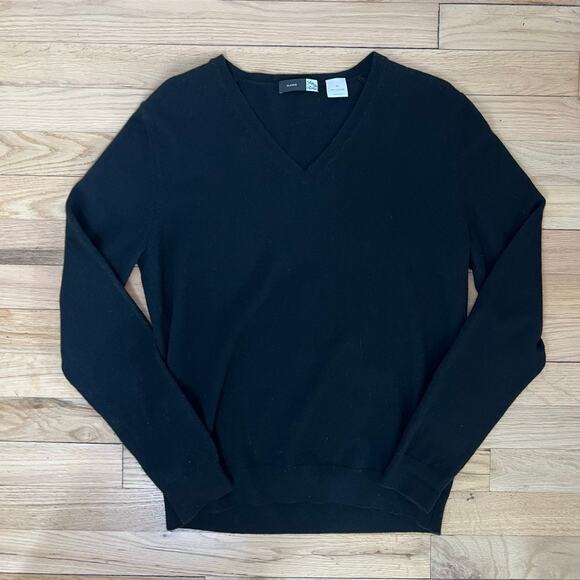 Saks Fifth Avenue Women's L P 100% Cashmere Black Sweater V Neck Academia FLAW - Picture 1 of 11